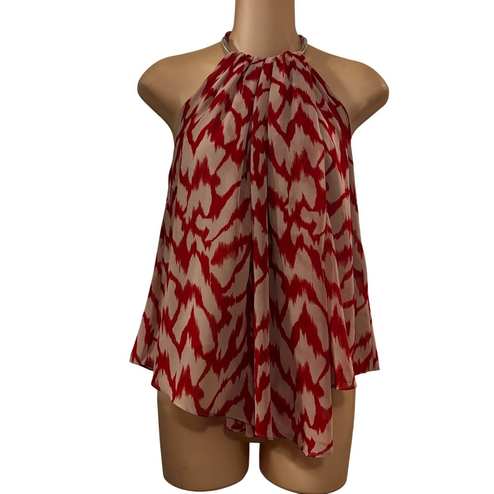 Armani Exchange Women's Halter Top XS Red Cream‎ Metallic Neck Ring Ikat Pattern